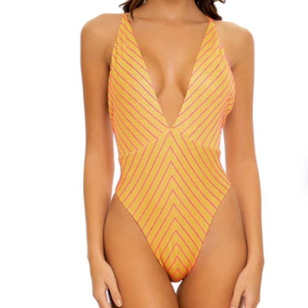 Luli Fama Rebel Glam Deep V Crossed Back Swimsuit NWT Gold Pink S Vacation NWT